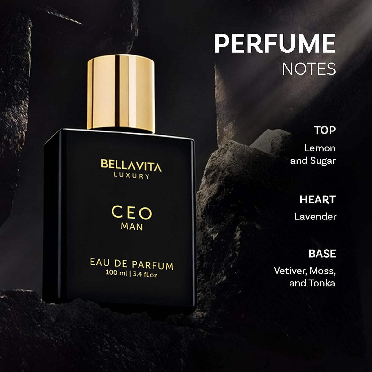 three-tier fragrance pyramid: lemon-sugar top, lavender heart, vetiver-moss-tonka base