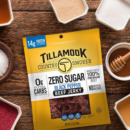 Tillamook Country Smoker Zero Sugar Beef Jerky, Black Pepper, 6.5 Ounce — 2-Pack Gift for Outdoor Enthusiasts and Road Trippers