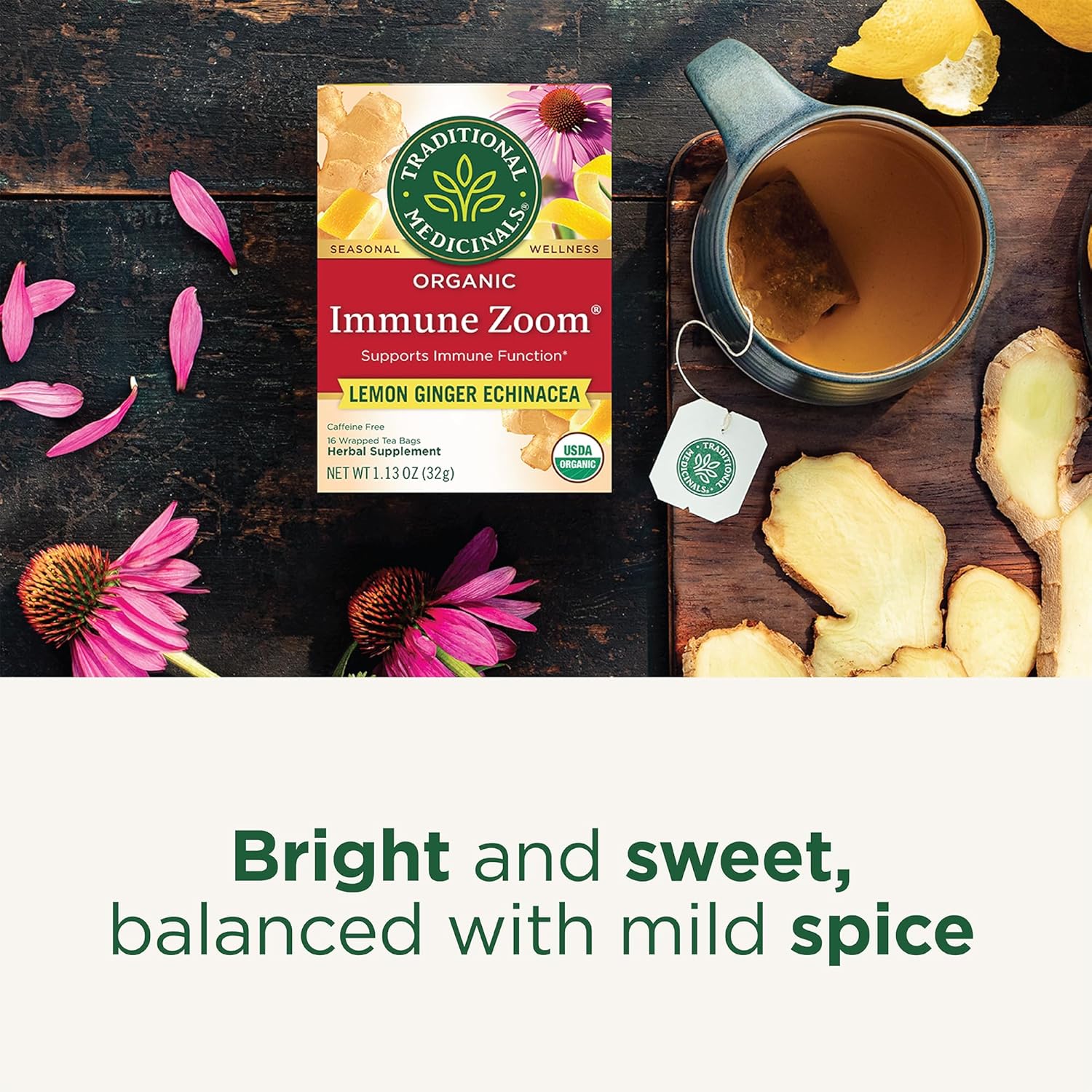 Traditional Medicinals Organic Immune Zoom Lemon Ginger Tea - Office Break Room Pick-Me-Up Without the Jitters