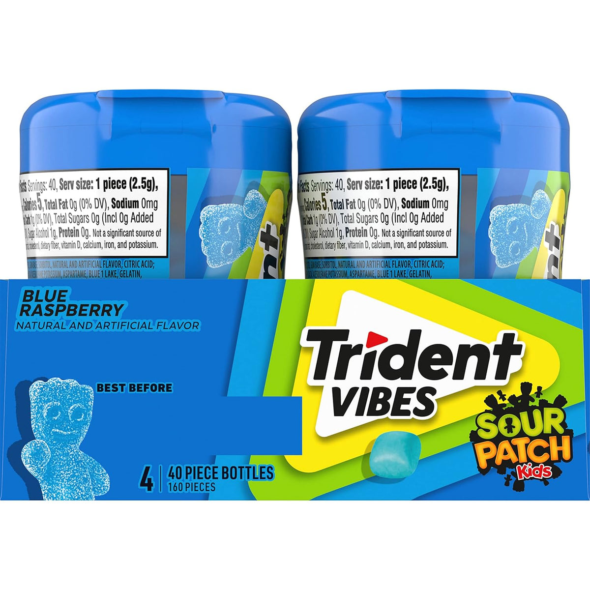 Trident Vibes SOUR PATCH KIDS Blue Raspberry Gum – Party Favor and Playdate Pack for Kids, Sugar-Free Bulk 160 Pieces