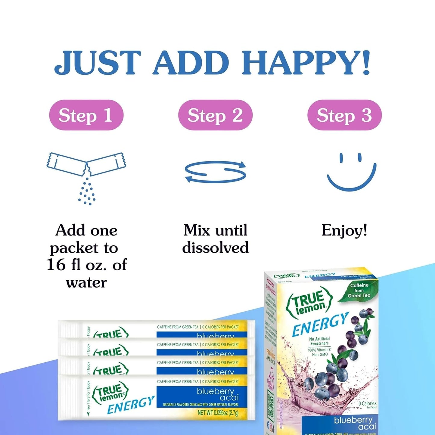 True Lemon Energy Blueberry Acai – Travel Companion Drink Mix for Airports, Road Trips, and On-the-Go Hydration