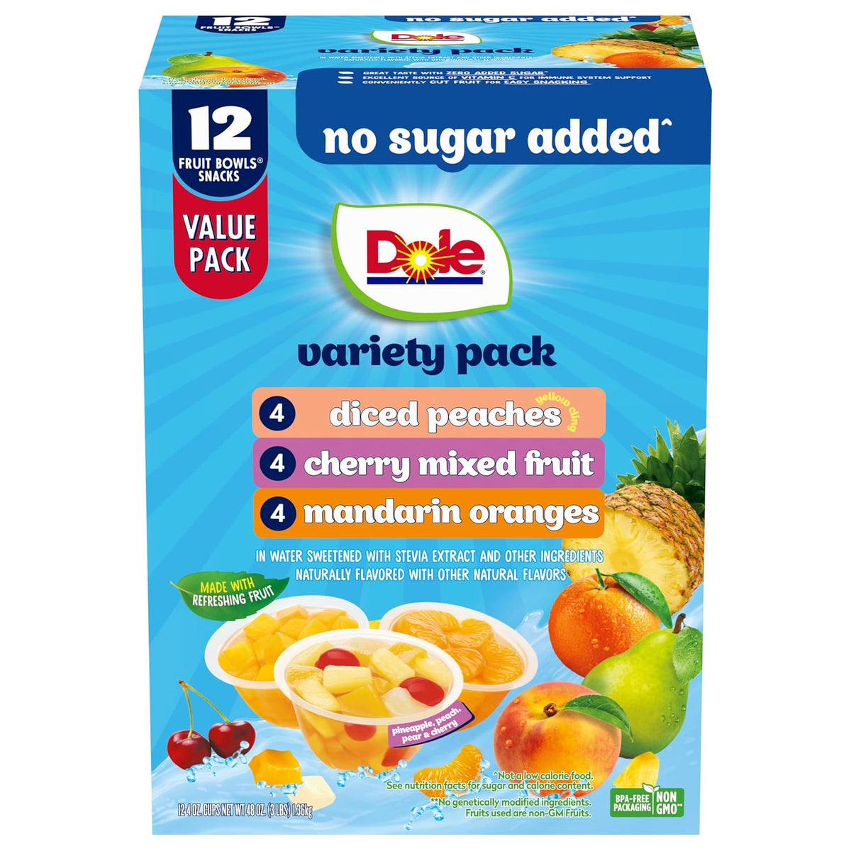 twelve 4 oz plastic fruit cups (4 diced peaches, 4 mandarin oranges, 4 cherry mixed fruit)