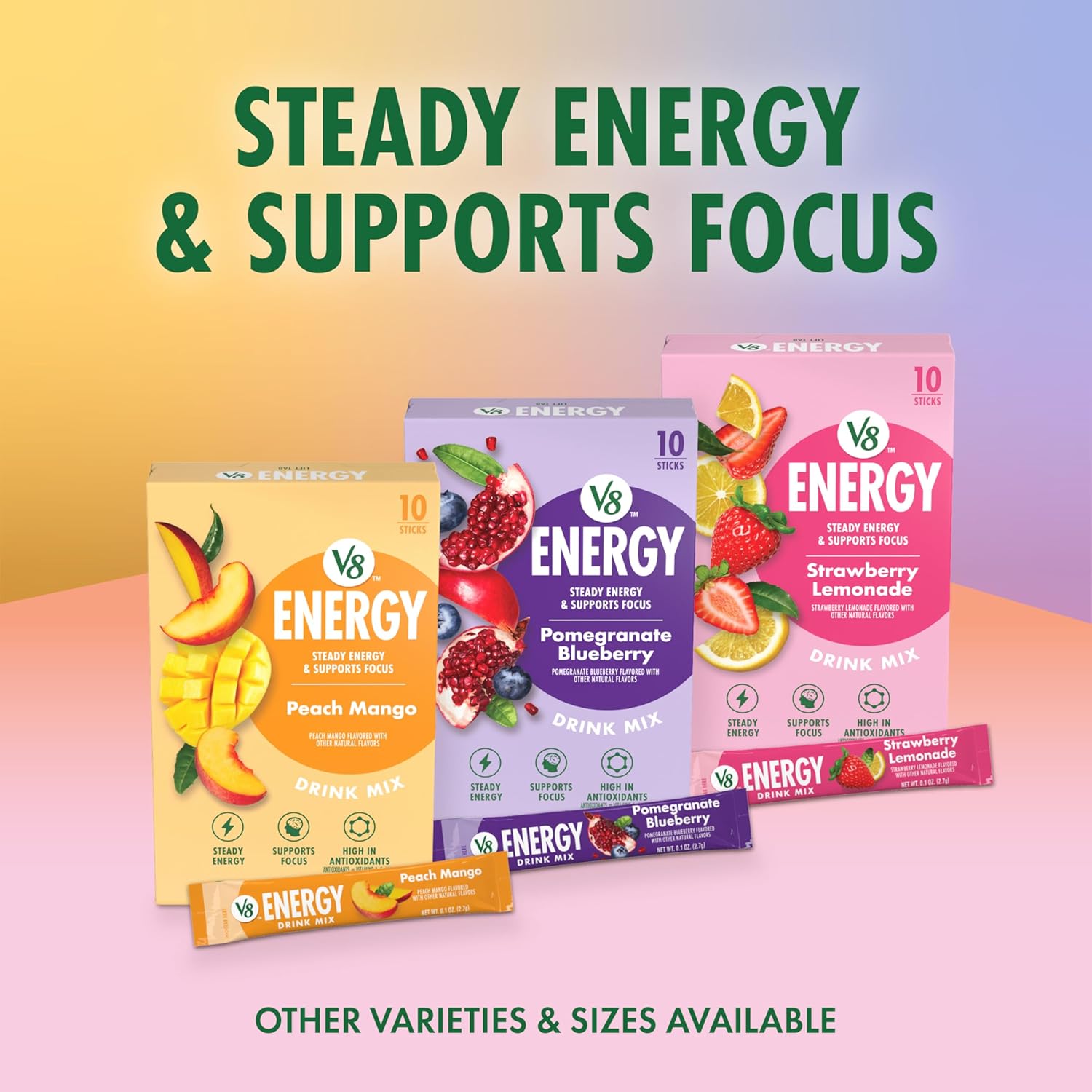 V8 Energy Strawberry Lemonade Energy Drink Powder Stocking Stuffer, Travel Size Energy Packets for Adults