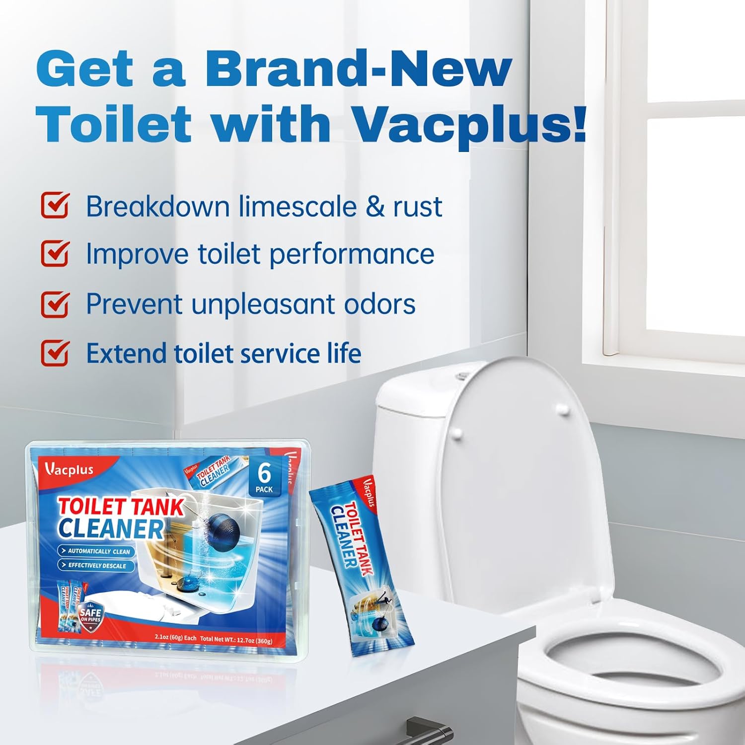 Vacplus Toilet Tank Cleaner - 6 Pack Mold and Rust Tablets to Refresh Your Half Bath Powder Room