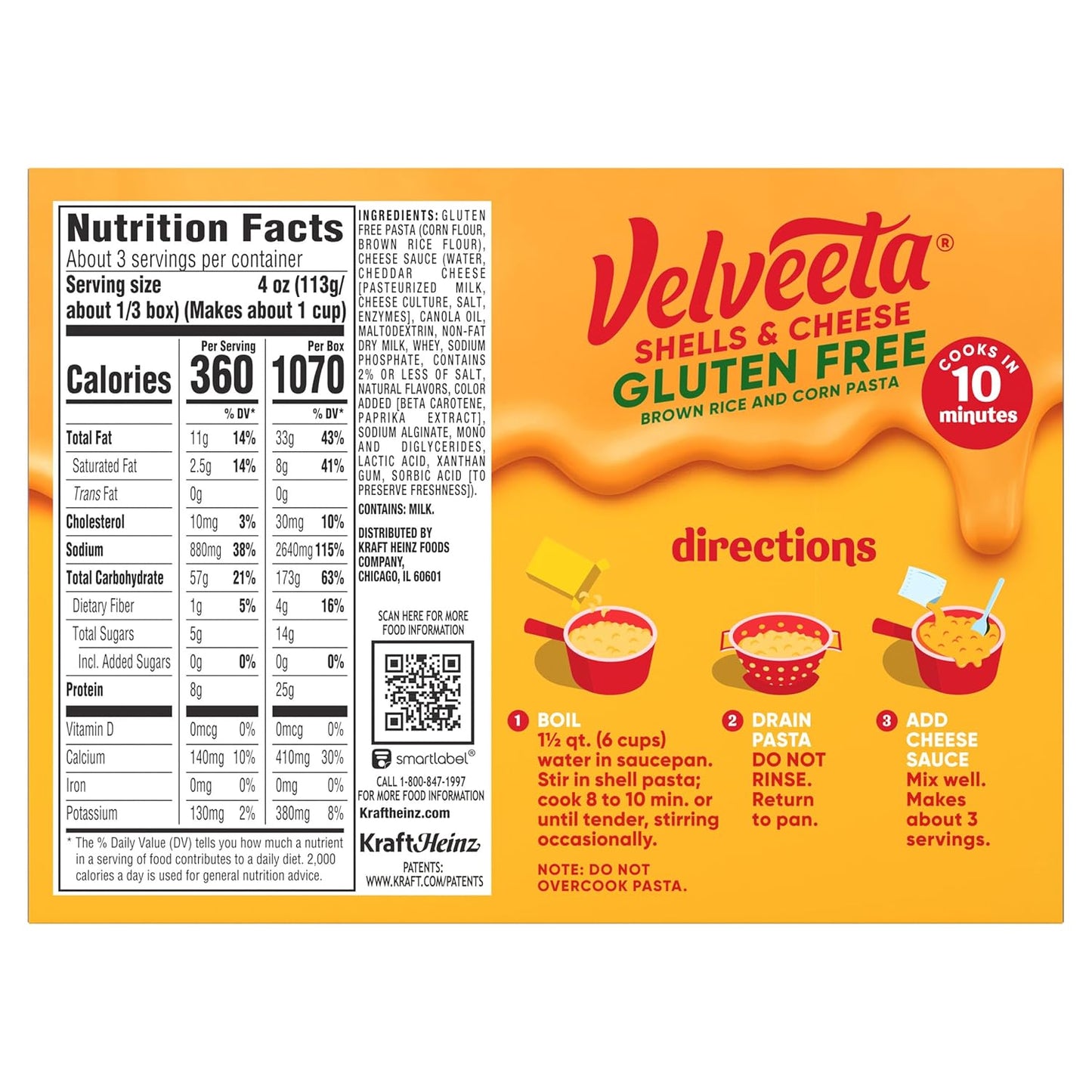 Velveeta Gluten Free Shells & Cheese, Three Serving Box for Single Occupant Households, 12 oz Box