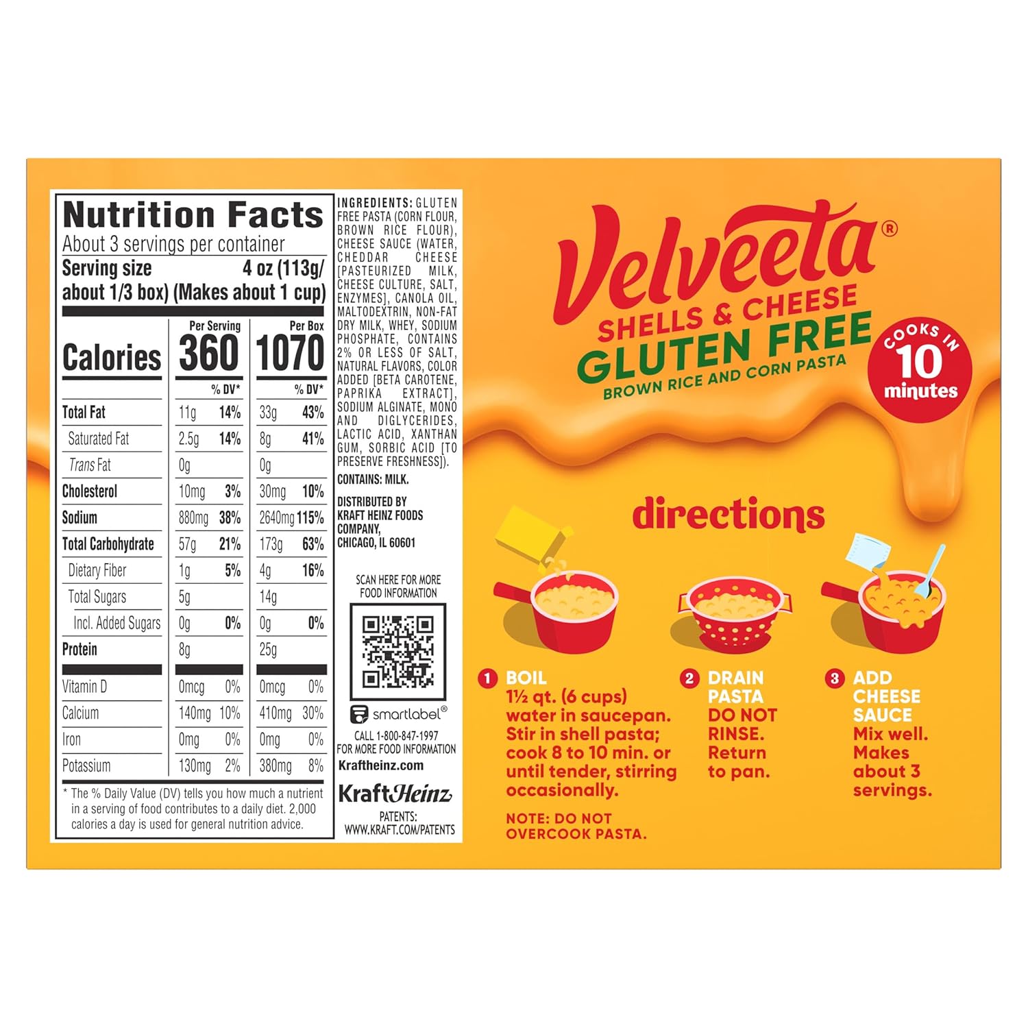 Velveeta Gluten Free Shells & Cheese, Three Serving Box for Single Occupant Households, 12 oz Box