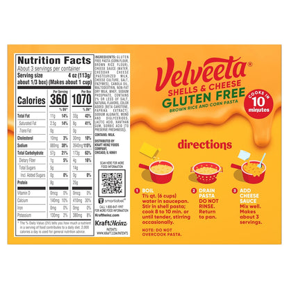 Velveeta Gluten Free Shells & Cheese, Three Serving Box for Single Occupant Households, 12 oz Box