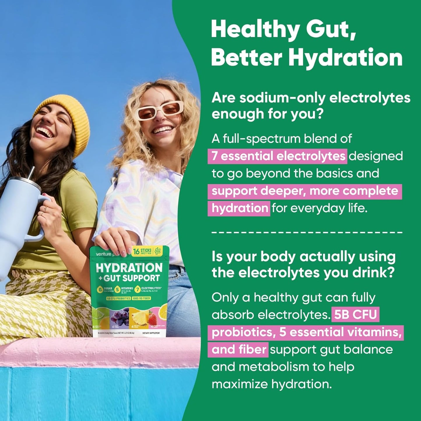 Venture Pal Hydration + Gut Health Powder – Mindful Daily Hydration Stick for Wellness Fridge, Yoga Studio, and Post-Workout Reset