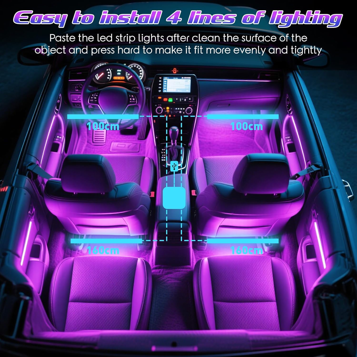 Winzwon App Controlled Car Light Strip – Kid Friendly Color Changing Interior Glow, No Heat No Flame Auto Off Timer
