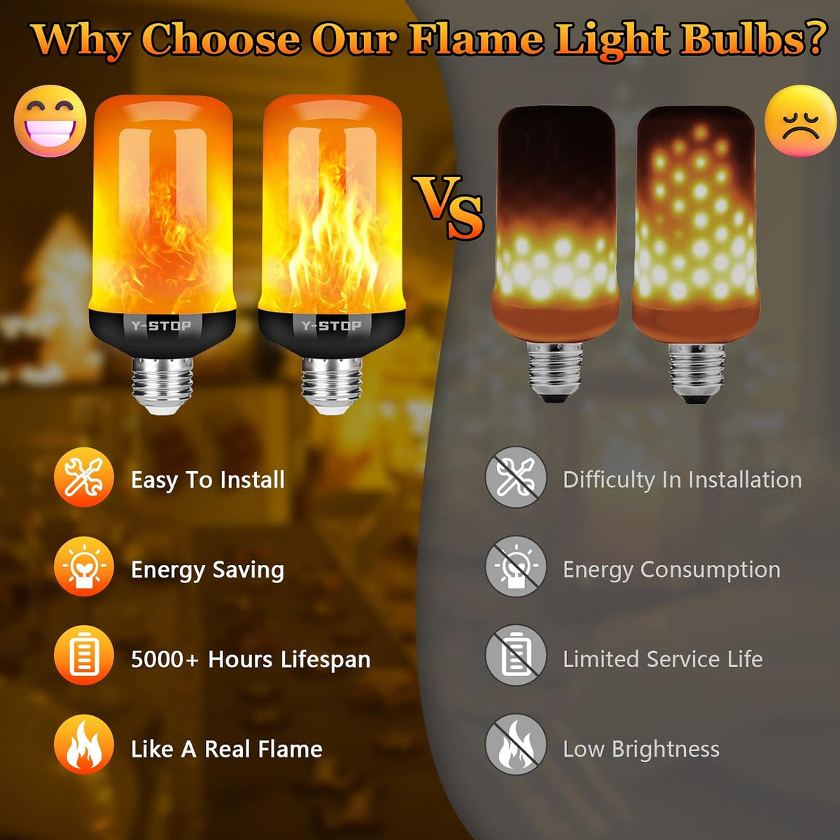 Y-STOP Flame Effect Light Bulb – Flickering Amber Glow for Living Room Aesthetic and Cozy Bedroom Decor, 2 Pack