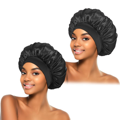 ZHENSILK 2Pcs Silk Bonnet for Sleeping, Satin Hair Bonnets, Soft Elastic Band Silk Sleep Cap, Hair Wrap for Women(Black)